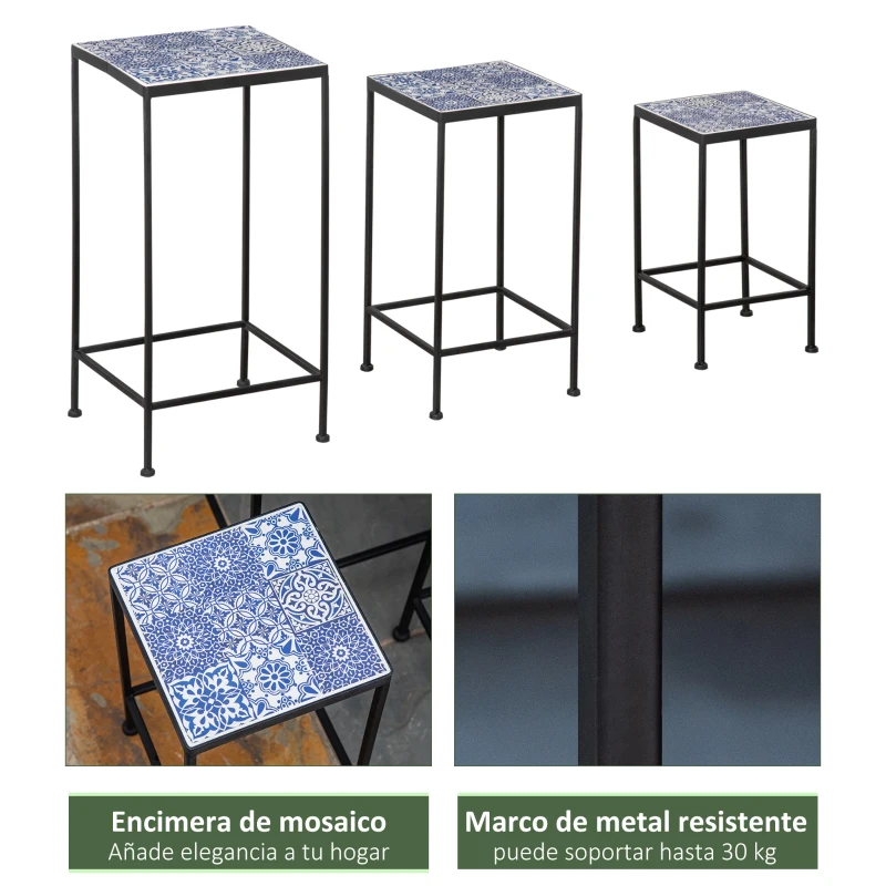 Outsunny Soportes para Plantas de Metal 3 Piezas Apilables Estantes Porta Macetas con Encimera de Azulejo Decorativa para Interiores y Exteriores 31,5x31,5x60,5 cm Azul y Negro