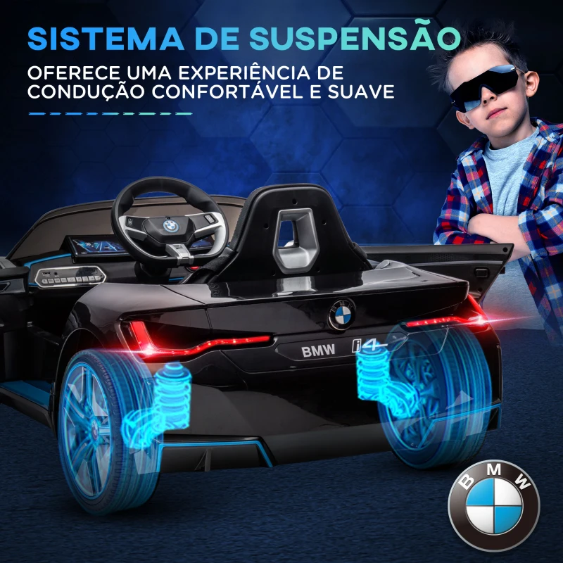 HOMCOM Carro Elétrico para Crianças BMW i4 12V com Controlo Remoto Música MP3 Ecrã Luzes e Cinto de Segurança 115x67x45 cm Preto