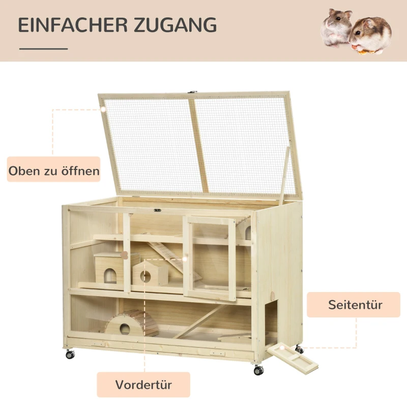 PawHut Kleintierkäfig mit 4 Rollen 110 cm × 60 cm × 80 cm 3 Etagen, inkl. Zubehör