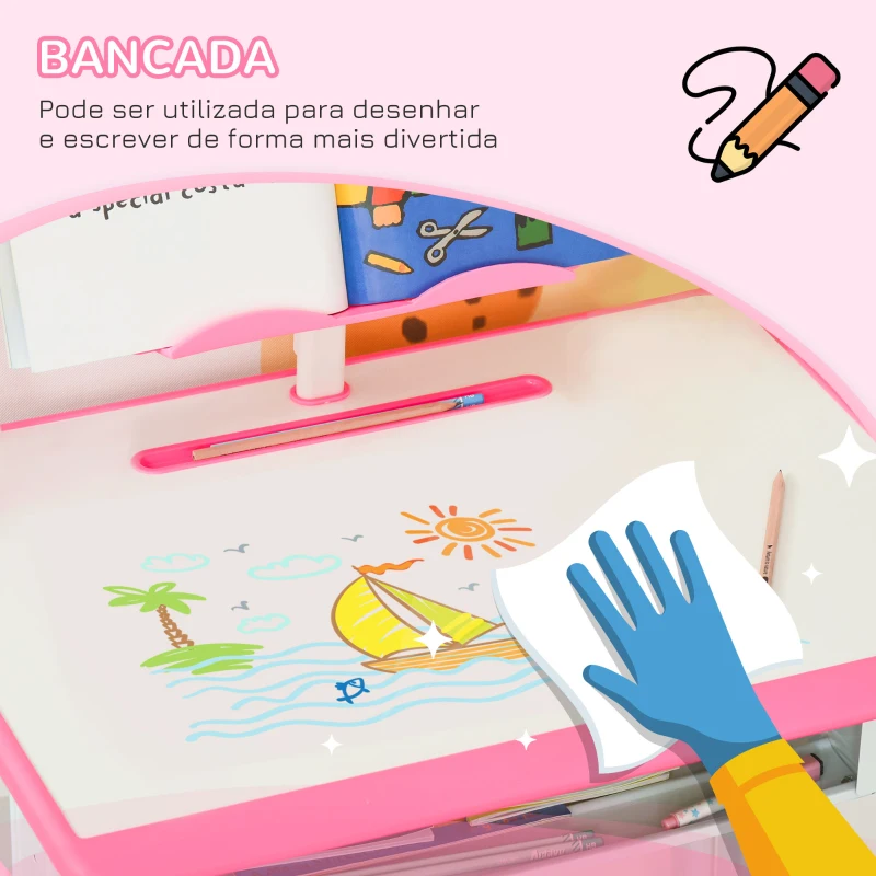 HOMCOM Conjunto de Secretária e Cadeira para Crianças com Altura Ajustável 1 Gaveta e 1 Prateleira para Livros 60x45x90-120 cm Rosa