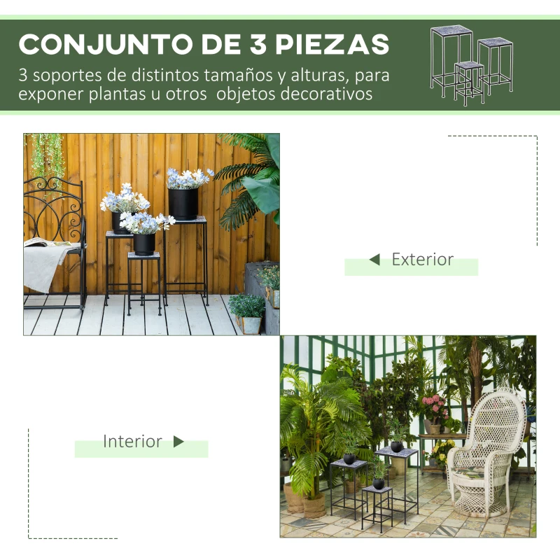 Outsunny Soportes para Plantas de Metal 3 Piezas Apilables Estantes Porta Macetas con Encimera de Azulejo Decorativa para Interiores y Exteriores 31,5x31,5x60,5 cm Azul y Negro