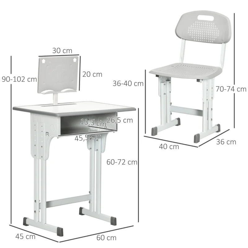 HOMCOM Conjunto de Secretária e Cadeira para Crianças com Altura Ajustável 1 Gaveta e 1 Prateleira para Livros 60x45x90-120 cm Cinza