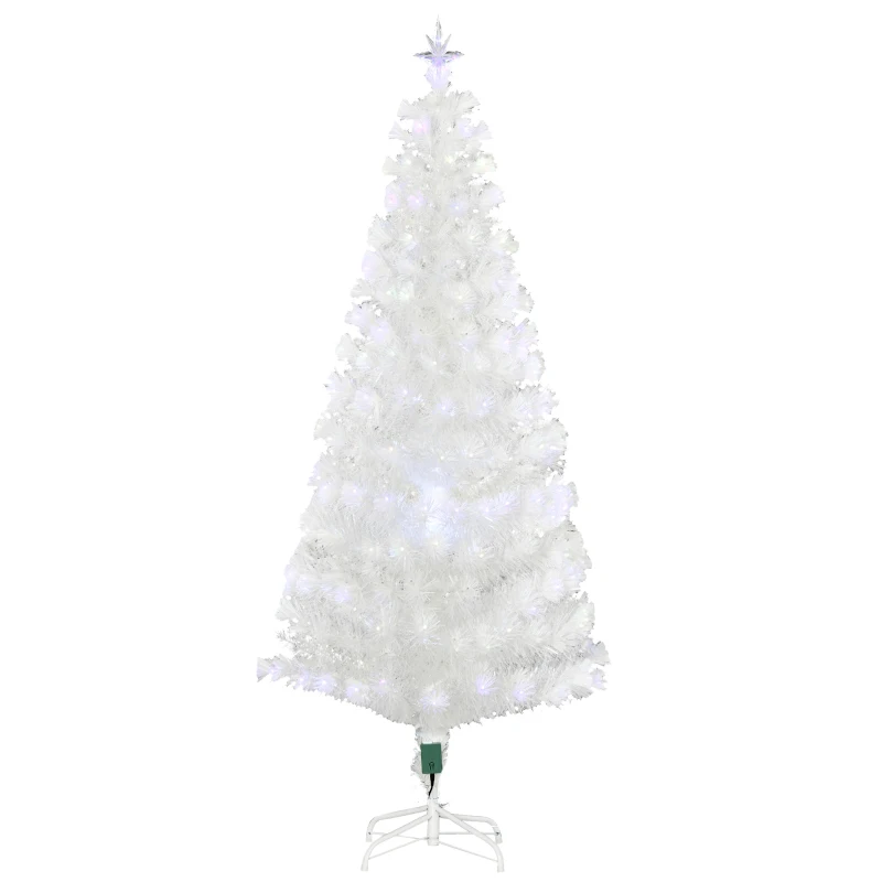 HOMCOM Sapin de Noël Artificiel Blanc Sapin Lumineux 180H cm Fibre Optique + 220 LED Couleurs RVB 7 Modes Support Pied Inclus 220 Branches étoile Sommet Brillante