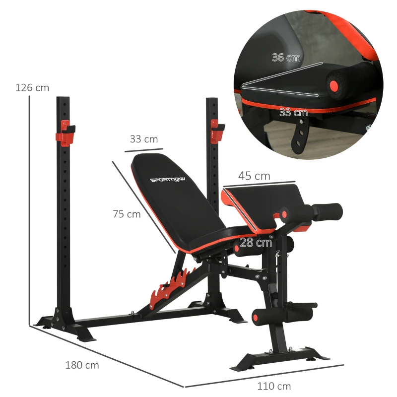 SPORTNOW Banco de Musculação Multifuncional Banco de Pesos com Encosto Reclinável e Suporte de Barras Ajustável 180x110x126 cm Preto