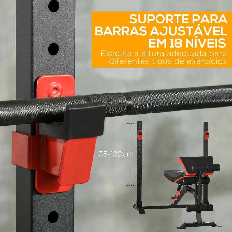 SPORTNOW Banco de Musculação Multifuncional Banco de Pesos com Encosto Reclinável e Suporte de Barras Ajustável 180x110x126 cm Preto