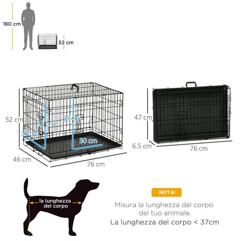 PawHut Gabbia per Animali Domestici Trasportino per Cani e Gatti Pieghevole in Acciaio Doppia Apertura, 76x46x52cm, Nero