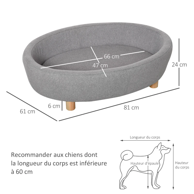 PawHut Canapé lit panier chien chat sur pied coussin moelleux pieds bois massif bouleau dim. 81L x 61l x 24H cm velours polyester gris