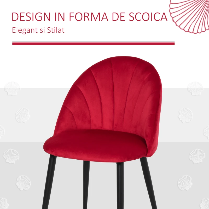 HOMCOM Set de 2 Scaune de Masa tapitate fara cotiere, spatar curbat rosu