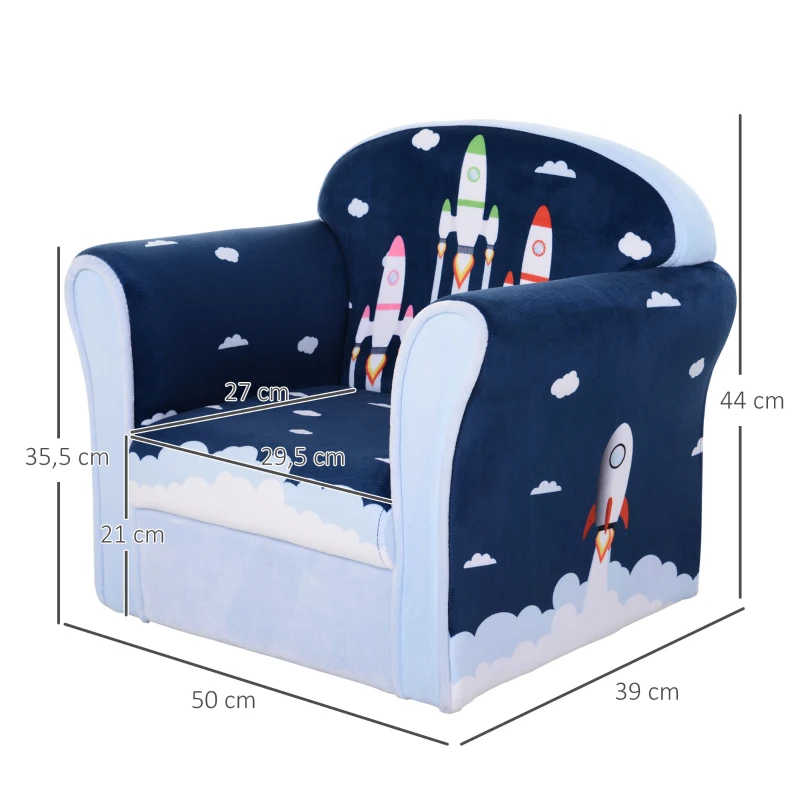 HOMCOM Sillón Infantil Sofá para Niños +12 Meses con Dibujos de Cohete Estructura de Madera Cubierta de Franela de Espuma 50x39x44cm Azul