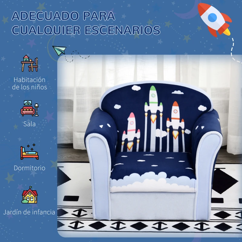 HOMCOM Sillón Infantil Sofá para Niños +12 Meses con Dibujos de Cohete Estructura de Madera Cubierta de Franela de Espuma 50x39x44cm Azul