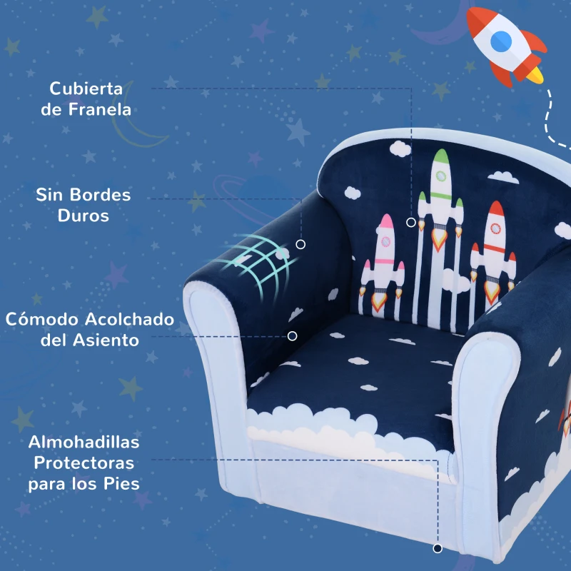 HOMCOM Sillón Infantil Sofá para Niños +12 Meses con Dibujos de Cohete Estructura de Madera Cubierta de Franela de Espuma 50x39x44cm Azul