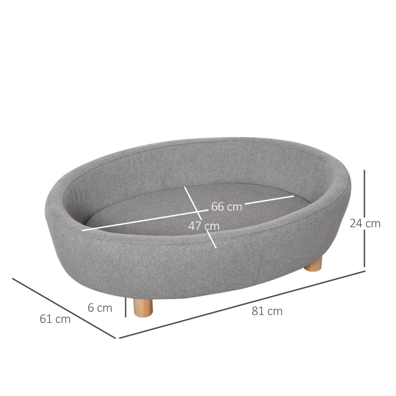 PawHut Sofá Cama para Mascotas Perros Pequeños Medianos Gatos con Cojín Acolchado extraíble Patas Madera Bordes Elevados 81x61x24 cm Gris