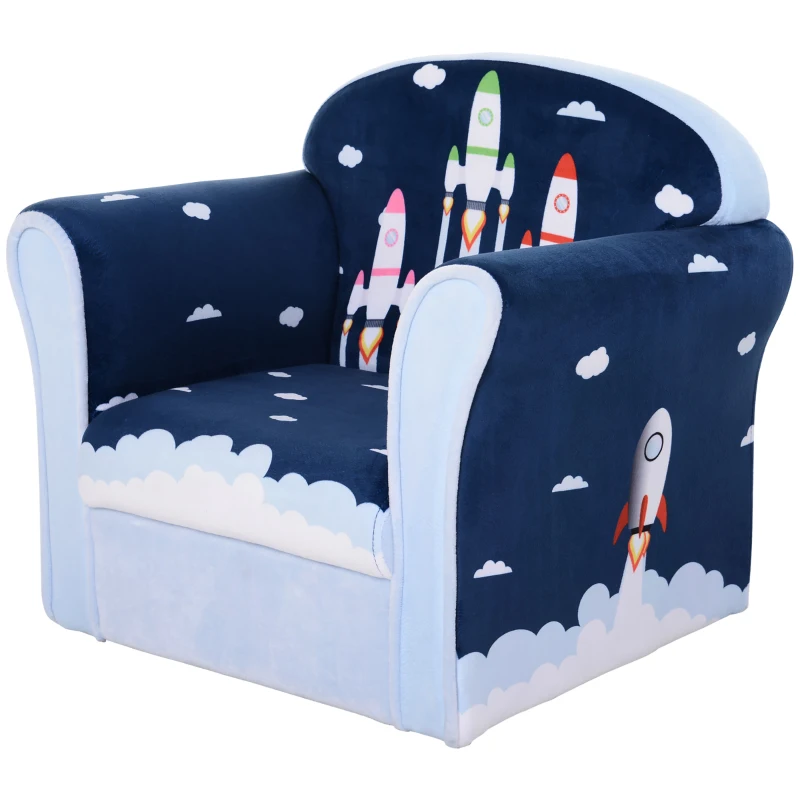 HOMCOM Sillón Infantil Sofá para Niños +12 Meses con Dibujos de Cohete Estructura de Madera Cubierta de Franela de Espuma 50x39x44cm Azul