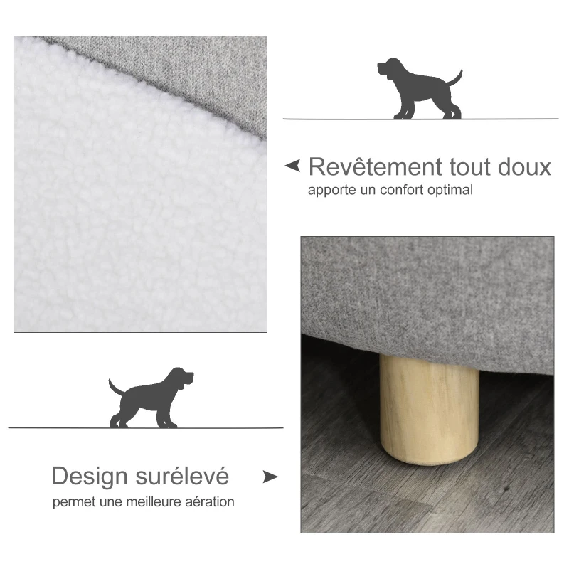 PawHut Canapé lit panier chien chat sur pied coussin moelleux pieds bois massif bouleau dim. 81L x 61l x 24H cm velours polyester gris