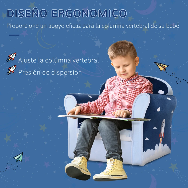 HOMCOM Sillón Infantil Sofá para Niños +12 Meses con Dibujos de Cohete Estructura de Madera Cubierta de Franela de Espuma 50x39x44cm Azul
