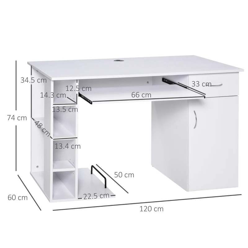 HOMCOM birou pentru PC, cu rafturi, 120x60x74 cm, alb