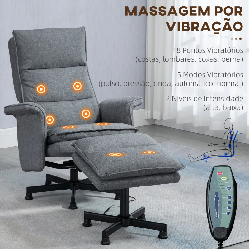 HOMCOM Poltrona Relax com Massagem e Apoio para os Pés Estofada em Linho com Controlo Remoto e 8 Áreas de Massagem 78x81x99cm Cinza