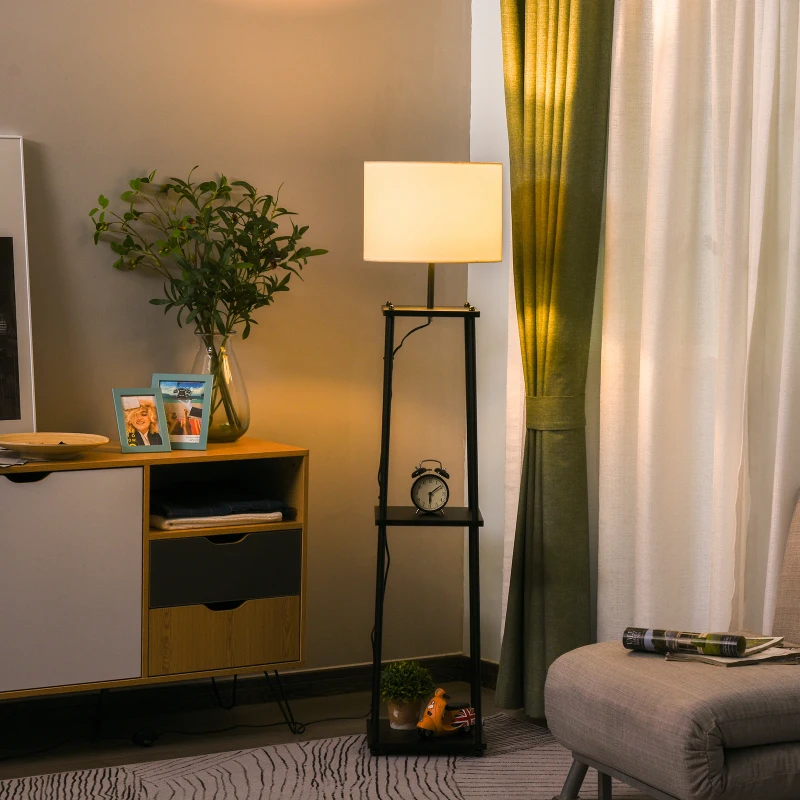 HOMCOM Lámpara de Pie Iluminación Moderna  Multifuncional con 3 Estantes de Almacenaje Interruptor de Pedal Diseño Elegante Pantalla de Tela 34,5x34,5x150 cm Negro y Crema