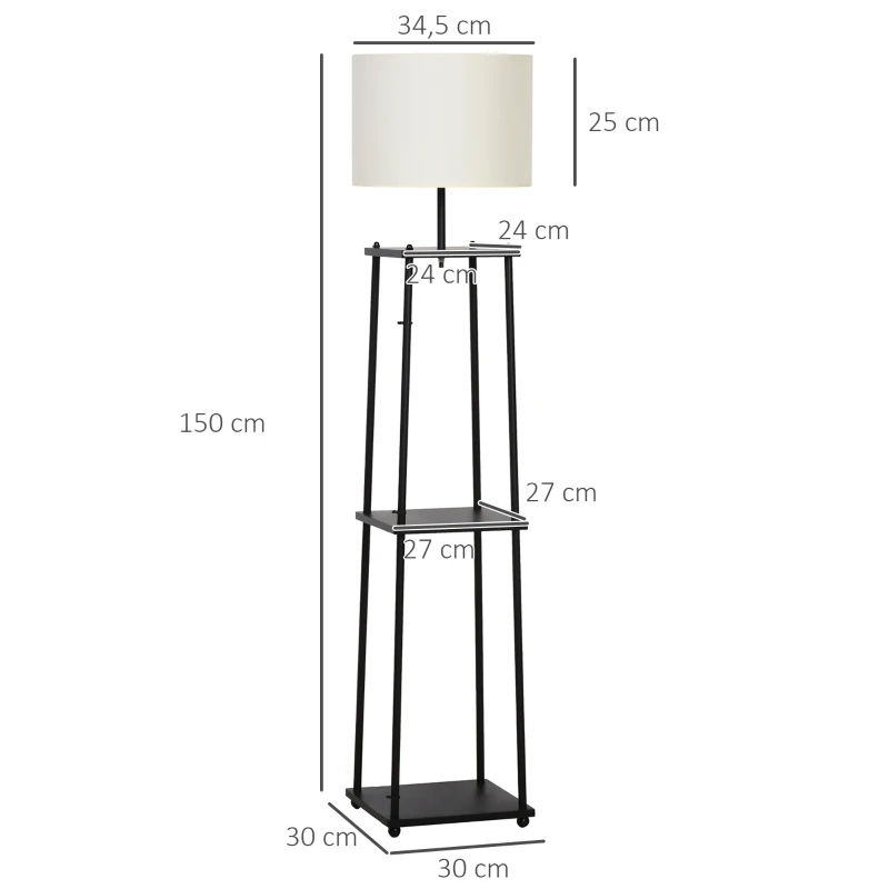 HOMCOM Lámpara de Pie Iluminación Moderna  Multifuncional con 3 Estantes de Almacenaje Interruptor de Pedal Diseño Elegante Pantalla de Tela 34,5x34,5x150 cm Negro y Crema