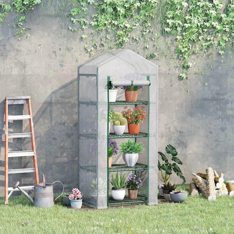 Outsunny Serra per Piante Verticale con Scaffale a 4 Ripiani in Acciaio e PE Bianco, 70x50x160cm