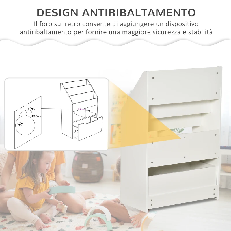 HOMCOM Piccola Libreria per Bambini con Ripiani e Cassetto in MDF, 60x29.9x90cm, Bianco