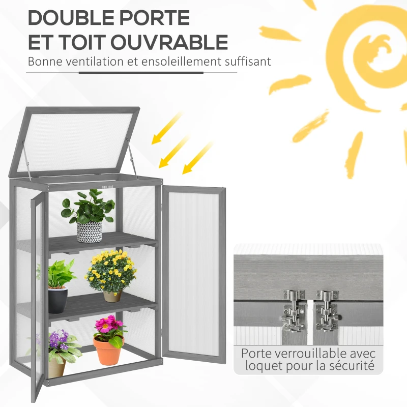 Outsunny Mini Serre de Jardin 3 Niveaux dim. 76L x 47l x 110H cm Double Porte Toit ouvrant Bois Sapin lasuré Polycarbonate