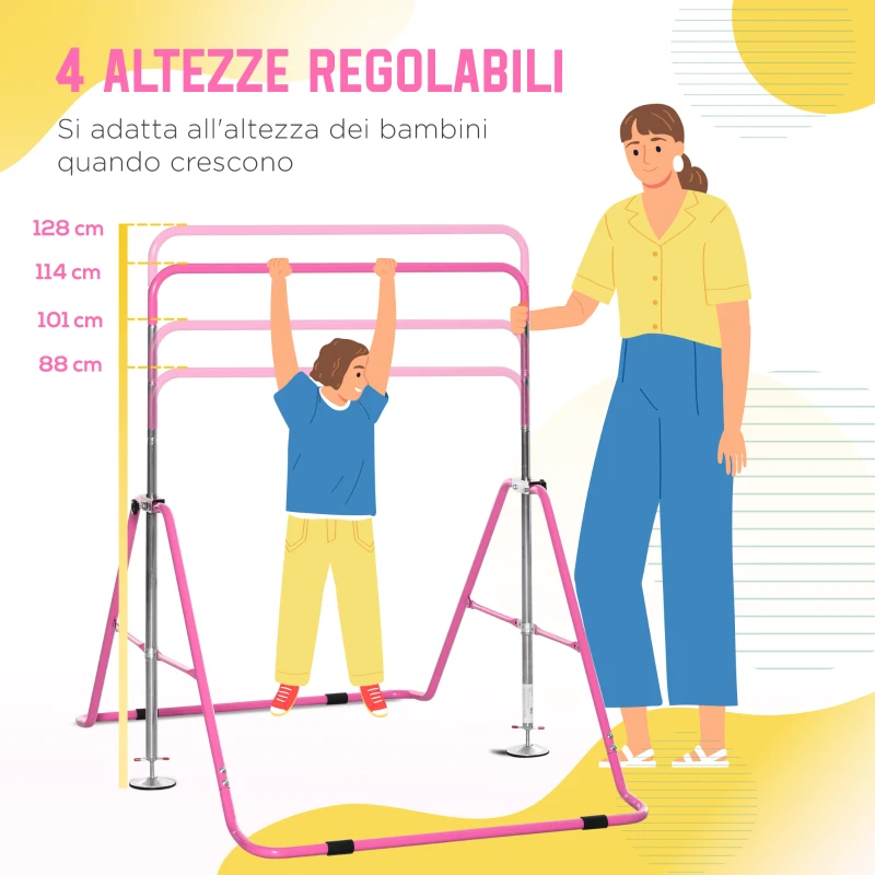 HOMCOM Sbarra per Trazioni per Bambini 3-8 Anni, 4 Altezze Regolabili e Struttura in Acciaio, 148x105x88-128 cm, Rosa