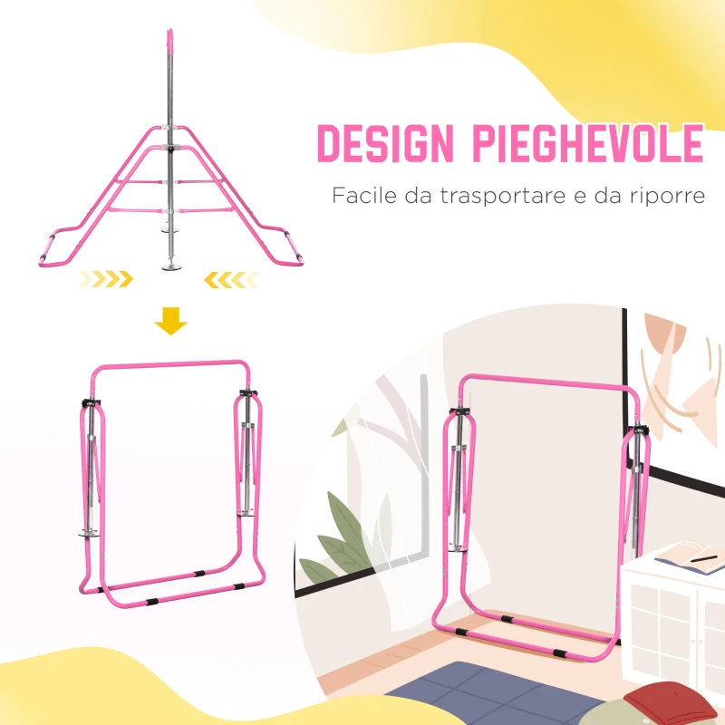 HOMCOM Sbarra per Trazioni per Bambini 3-8 Anni, 4 Altezze Regolabili e Struttura in Acciaio, 148x105x88-128 cm, Rosa