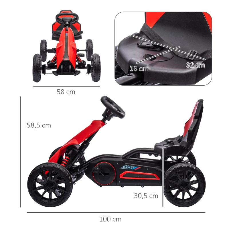 HOMCOM Go-Kart Pedal Go-Kart met Achteruit- en Vooruitversnelling, voor Kinderen van 3 tot 8 Jaar, Rood+Zwart(m-3)