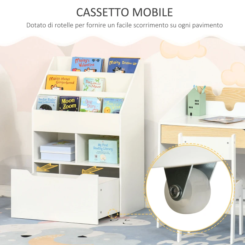 HOMCOM Piccola Libreria per Bambini con Ripiani e Cassetto in MDF, 60x29.9x90cm, Bianco