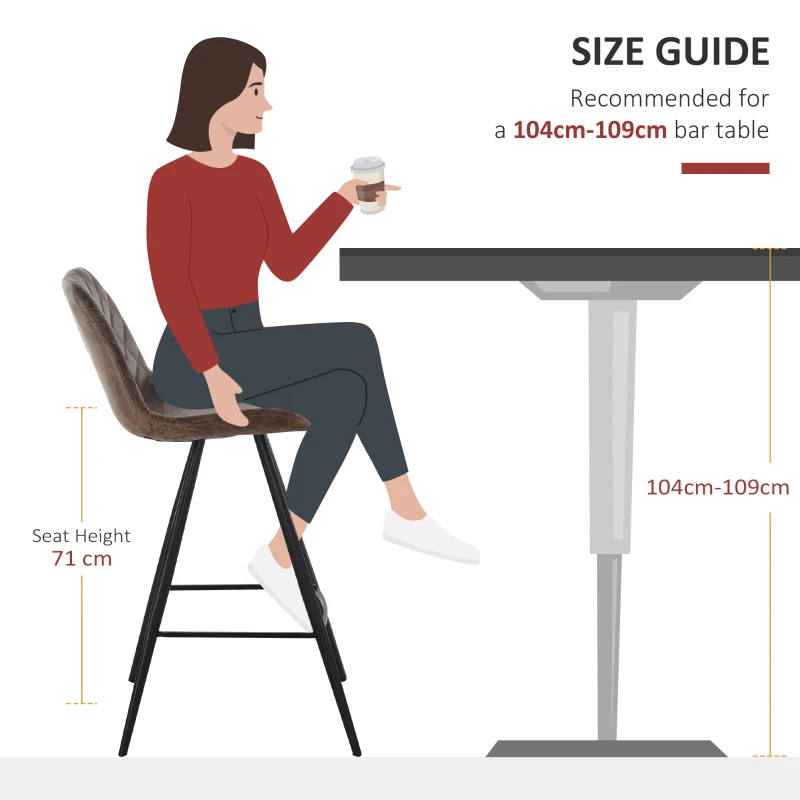 HOMCOM Set Of 2 Bar Stools Vintage Microfiber Cloth Tub Seats Padded Comfortable Steel Frame Footrest Quilted Home Bar Cafe Kitchen Chair Stylish Brown