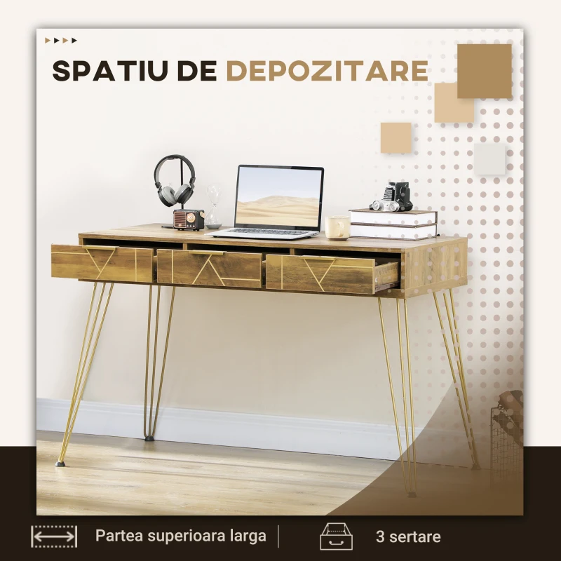 Vinsetto Masa consola pentru hol intrare in stil vintage din PAL si otel cu 3 sertare si picioruse antiderapante, 120x55x79 cm, bronz si auriu
