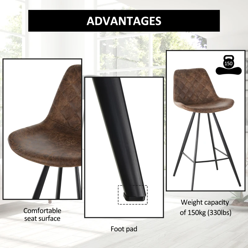 HOMCOM Set Of 2 Bar Stools Vintage Microfiber Cloth Tub Seats Padded Comfortable Steel Frame Footrest Quilted Home Bar Cafe Kitchen Chair Stylish Brown