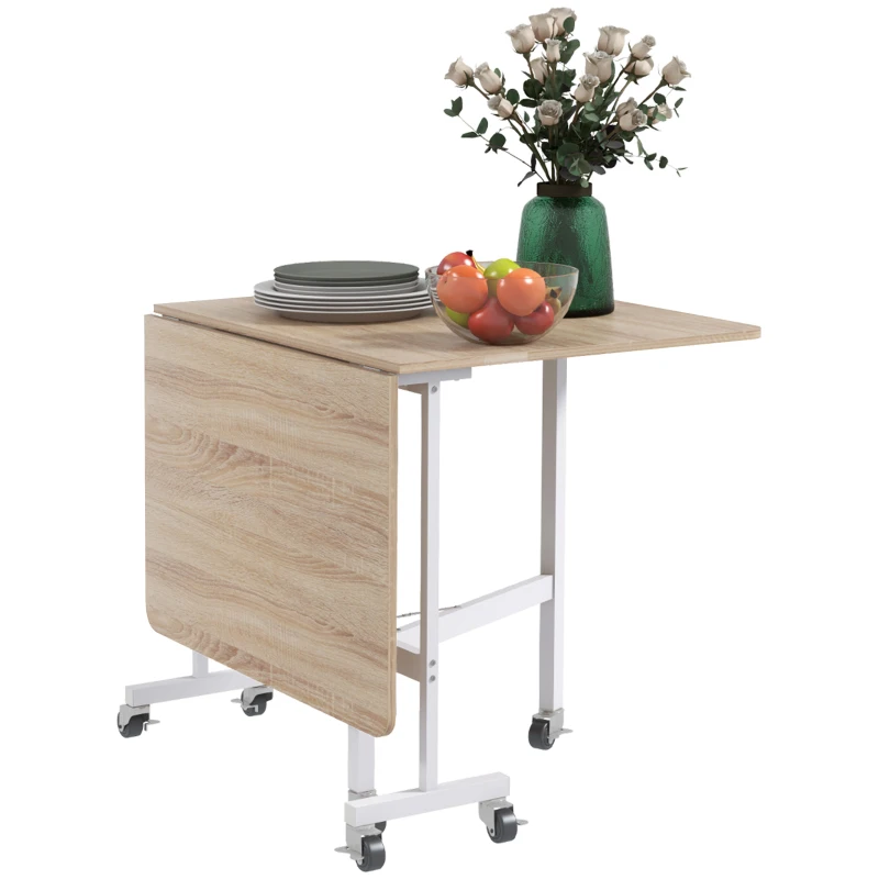 HOMCOM Inklapbare Tafel op Wielen, Laptop-Tafel, Eettafel, incl. Parkeerrem, Natuur + Wit(m-10)
