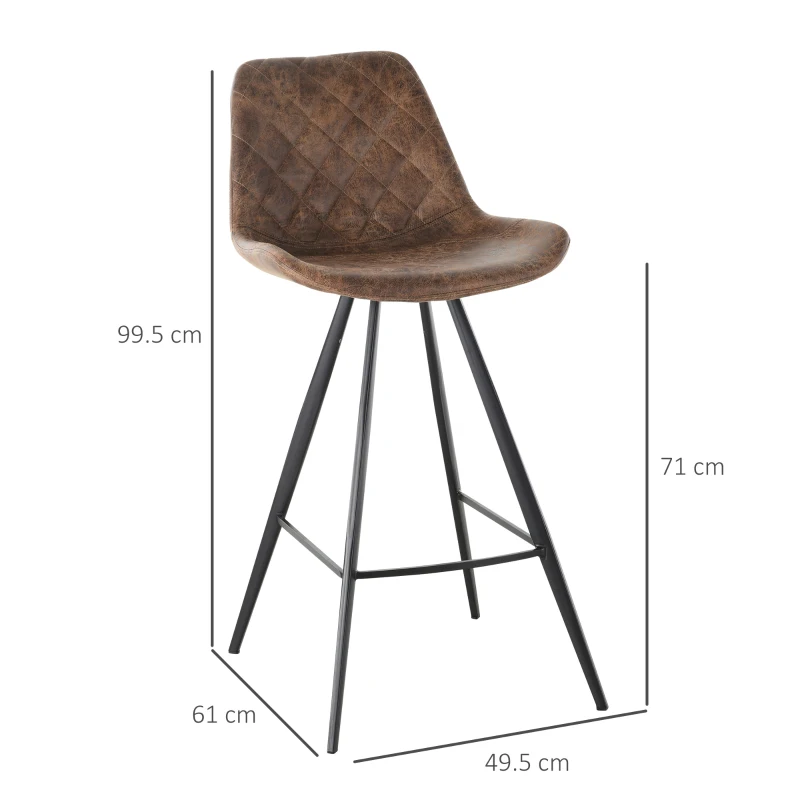 HOMCOM Set Of 2 Bar Stools Vintage Microfiber Cloth Tub Seats Padded Comfortable Steel Frame Footrest Quilted Home Bar Cafe Kitchen Chair Stylish Brown