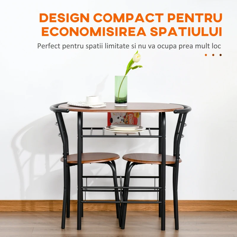 HOMCOM Set de Pranz 3 Piese Masa cu 2 Scaune Maro Lemn si Negru(m-6)