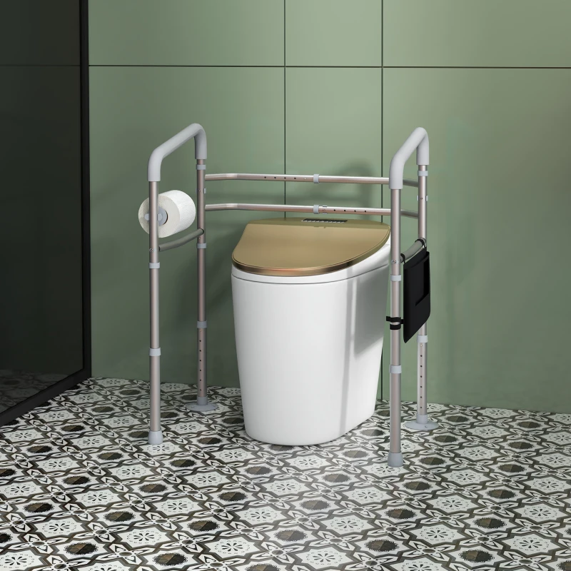 HOMCOM Free Standing Toilet Frame, Height and Width Adjustable Toilet Safety Frame with Arms, 2 Additional Suction Cups, Storage for Elderly, Disabled, Handrail Grab Bar, 136kg Weight Capacity