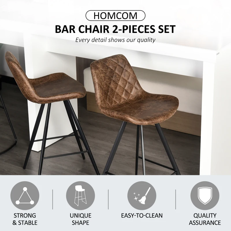 HOMCOM Set Of 2 Bar Stools Vintage Microfiber Cloth Tub Seats Padded Comfortable Steel Frame Footrest Quilted Home Bar Cafe Kitchen Chair Stylish Brown