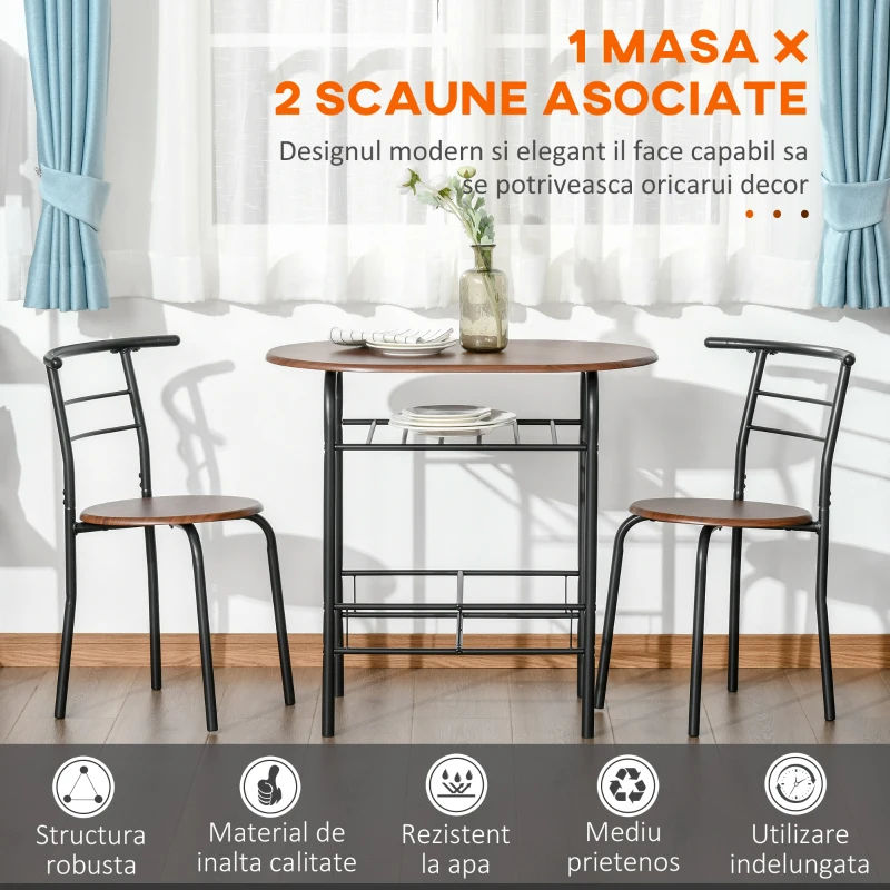 HOMCOM Set de Pranz 3 Piese Masa cu 2 Scaune Maro Lemn si Negru(m-5)