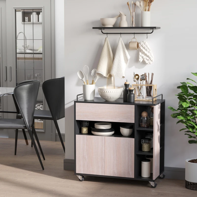 HOMCOM Carrello da Cucina Multiuso Moderno con Ruote Cassetto Anta in Legno Rovere, 76,5x40x82cm