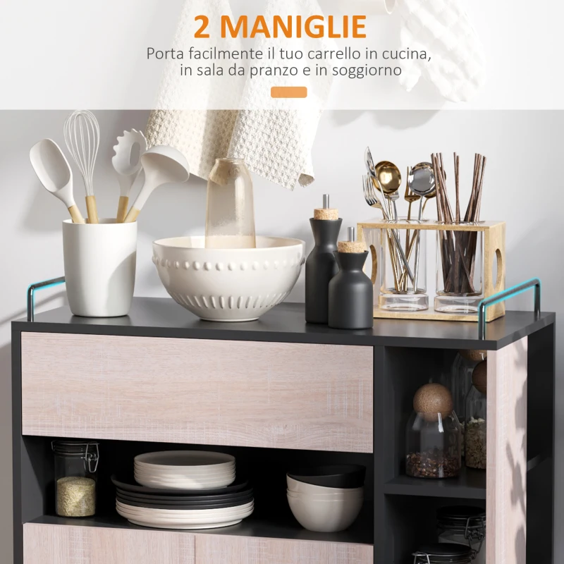 HOMCOM Carrello da Cucina Multiuso Moderno con Ruote Cassetto Anta in Legno Rovere, 76,5x40x82cm
