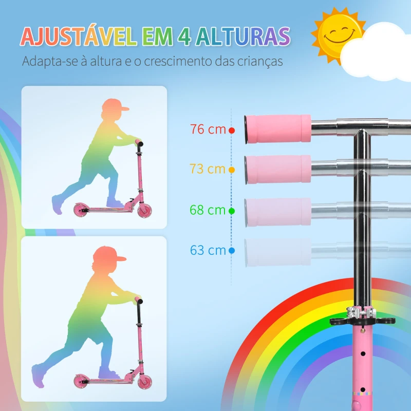 HOMCOM Trotinete para Crianças Dobrável com Luzes e Música 4 Alturas Ajustável Rodas Brilhantes e Pedal LED 67x32x65-78 cm Rosa