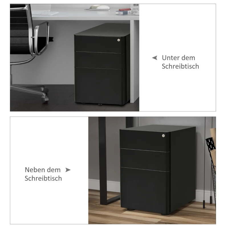 Vinsetto rolcontainer, mobiele archiefkast met 3 lades, kantoorkast, opslag, staal, zwart, 39 x 48 x 59 cm