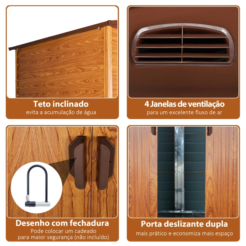 Outsunny Abrigo de Jardim 4,84m² 278x195x215 cm Abrigo de Jardim com 2 Portas de Correr e 4 Janelas de Ventilação Madeira e Marrom