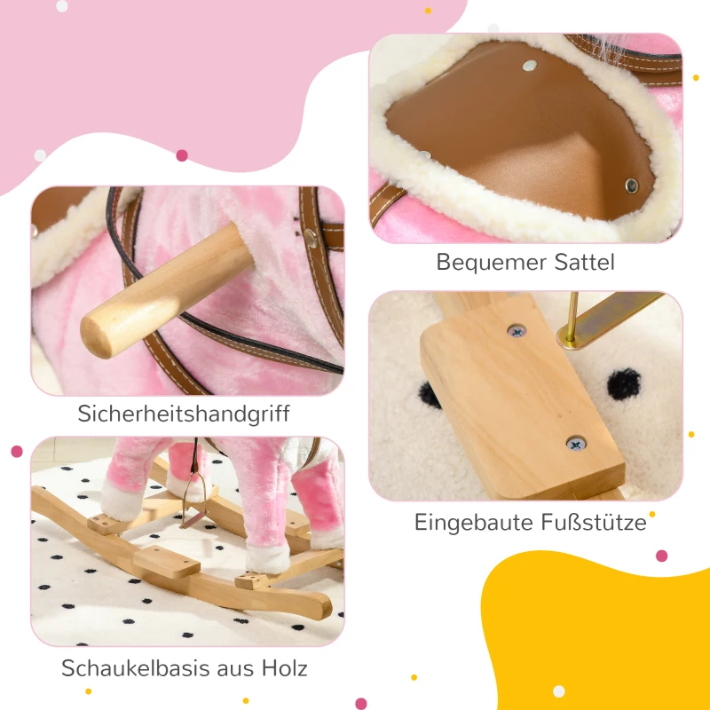 HOMCOM Schommelpaard met Zadel en Stijgbeugels, Geluidseffecten, Muziek, Pluchen Lichaam, Metalen Frame, tot 30 kg, Roze