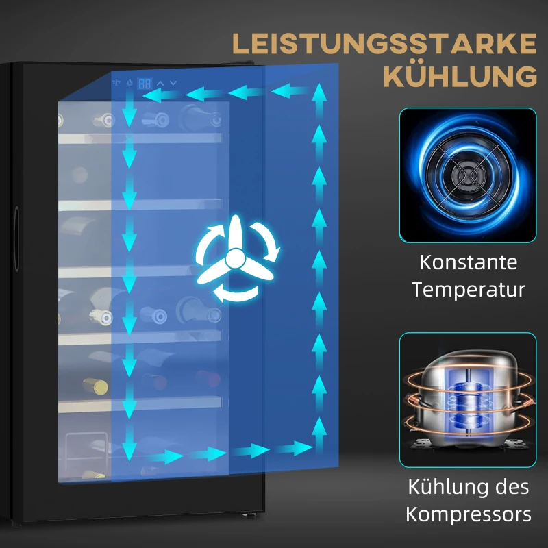 HOMCOM Weinkühlschrank klein Wohnzimmer für 24 Flaschen, einstellbare Temperatur 5 bis 20° C, LED-Beleuchtung, schwarz, 43 x 45 x 75 cm
