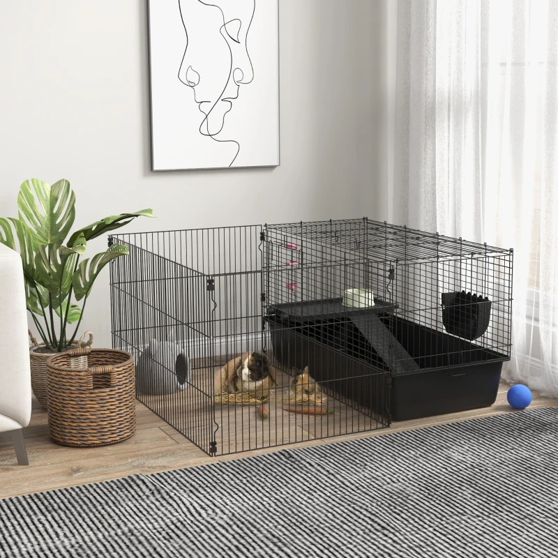PawHut Small Animal Cage with Removable Play Area, Playpen with Hutch, incl. Accessories, Black