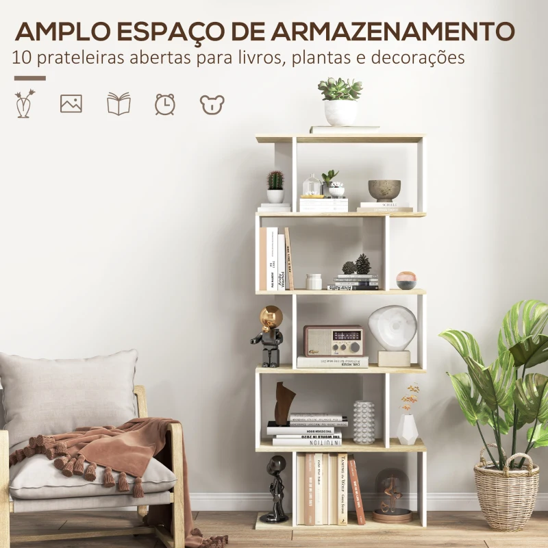 HOMCOM Estante para Livros Estilo Nórdico Estante com 5 Prateleiras Anti-Tombo Carga 25 kg 70x29,5x163 cm Branco e Madeira