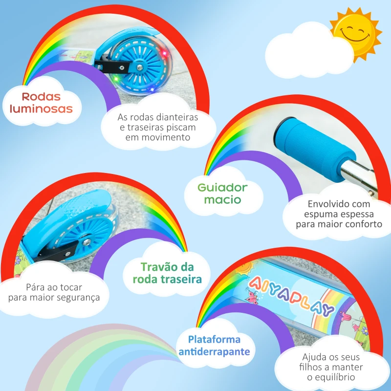 HOMCOM Trotinete para Crianças Dobrável com Luzes e Música 4 Alturas Ajustável Rodas Brilhantes e Pedal LED 67x32x65-78 cm Azul