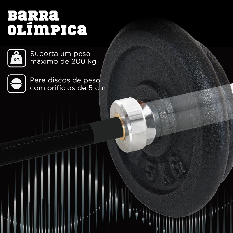 SPORTNOW Barra de Pesos de Aço180 cm Ø50 mm com 2 Grampos Carga 200 kg Barra Olimpica para Discos de Ø5 cm Prata e Preto
